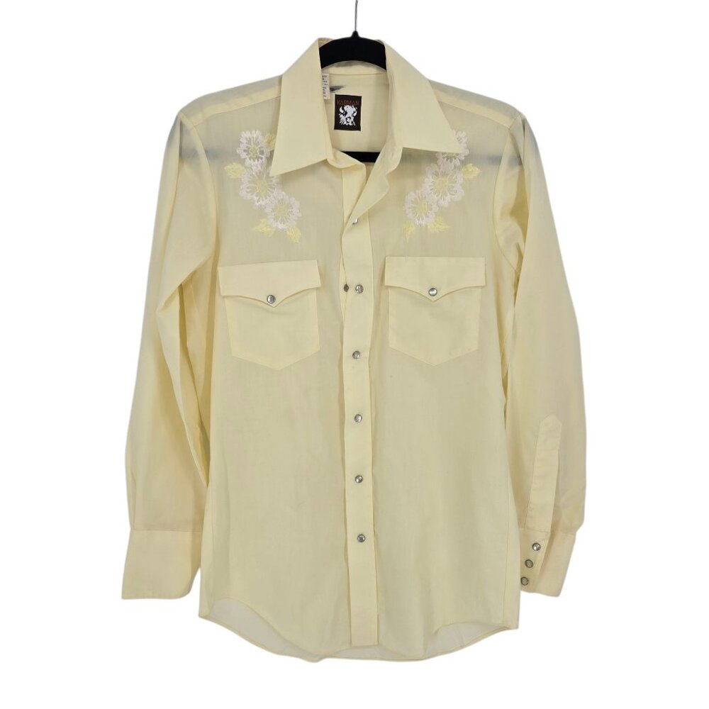 Karman mens 15 33 yellow pearl snap long sleeve floral embroidered shirt XL tail